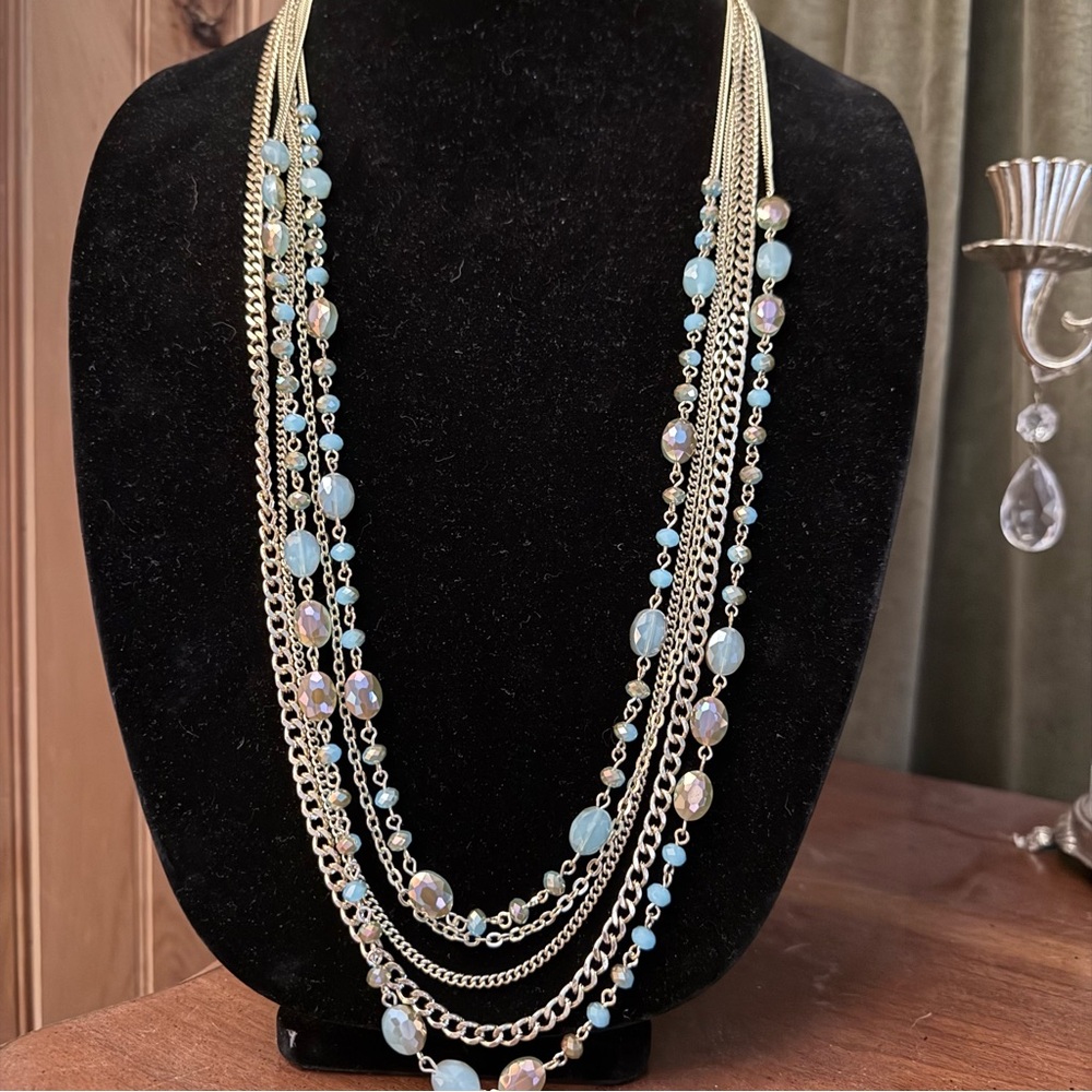 Premier Designs Belize  5-Strand Necklace  Turquoise Green Iridescent Gold Tone